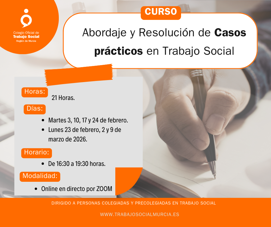 Cartel curso, abordaje y resolución de casos prácticos en Trabajo Social.