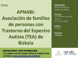 ONLINE HITZALDIA: "APNABI: Autismoaren Espektroko Nahasteak (AEN) dituzten bizkaitarren familien elkartea" // CHARLA ONLINE: "APNABI: Asociación de familias de personas con Trastorno del Espectro Autista (TEA) de Bizkaia"