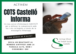 COTS Castelló reforça la comunicació amb els seus col·legiats i col·legiades amb un servei de missatgeria via Whatsapp gratuït