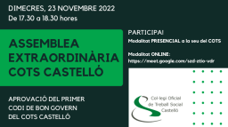 COTS Castelló sotmet a aprovació el seu primer Codi de Bon Govern en l'Assemblea Extraordinària del 23 de novembre